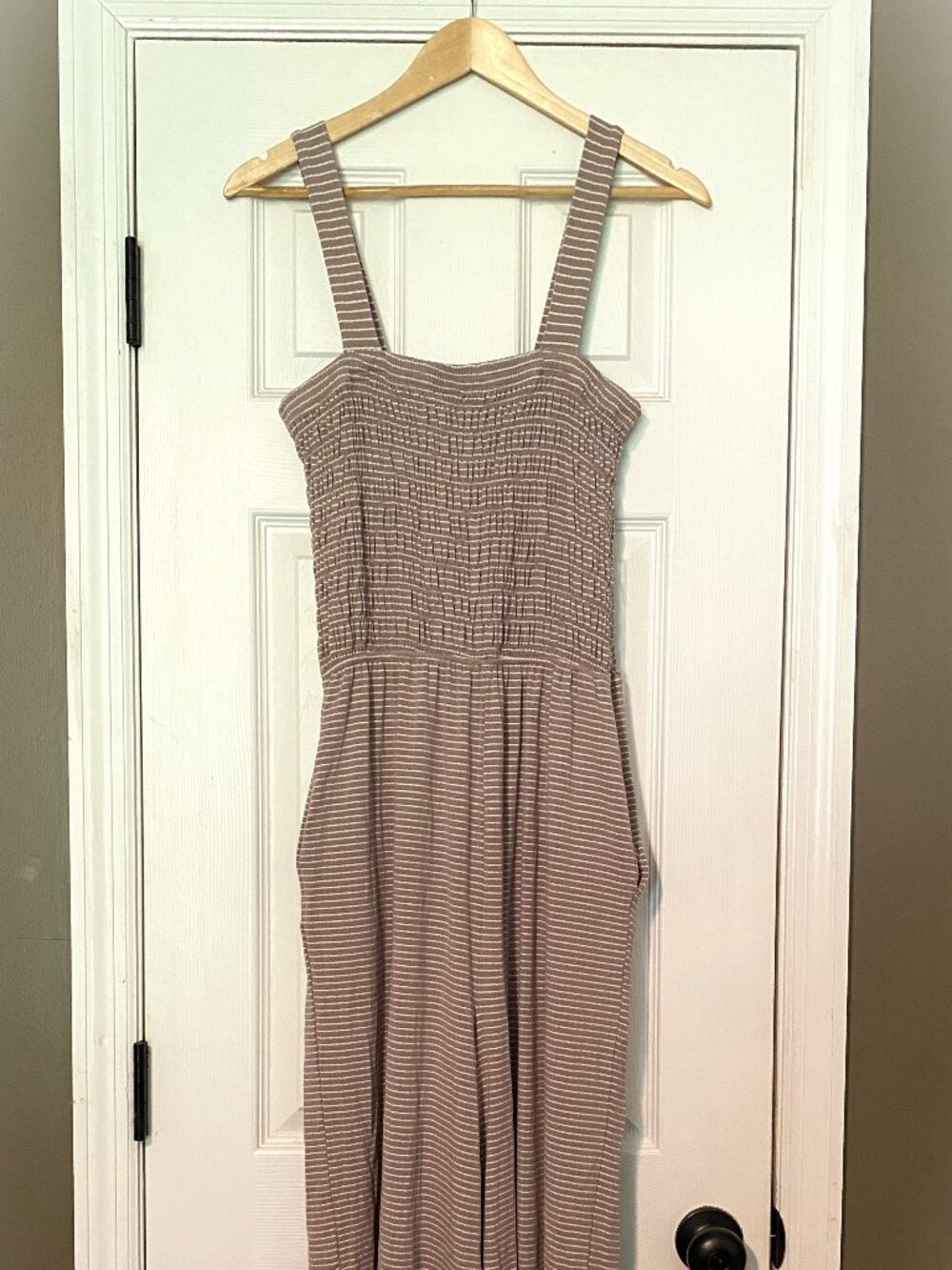 Zenana - Taupe and White Striped Smocked Wide Leg Jumpsuit with Pockets - Size M